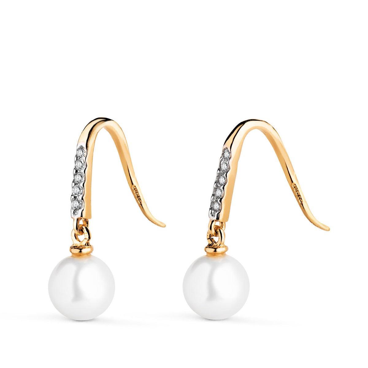Pendientes Oro Bicolor Medio Aro con Circonitas y Perla 6 mm. Medida: 17 x 6 mm. Cierre Gancho 18K