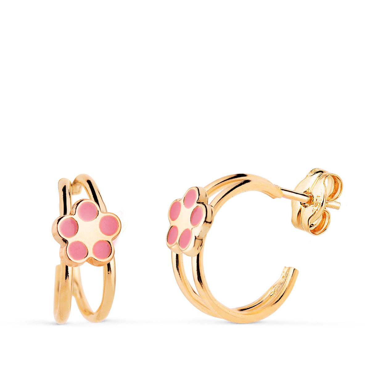 Pendientes Aros Huecos Abiertos Bandas con Flor. Medida: 12 x 6.5 mm de oro amarillo 18K