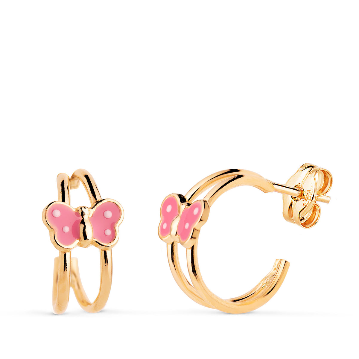 Pendientes Aros Huecos Abiertos Bandas con Mariposa. Medida: 12 x 7 mm de oro amarillo 18K