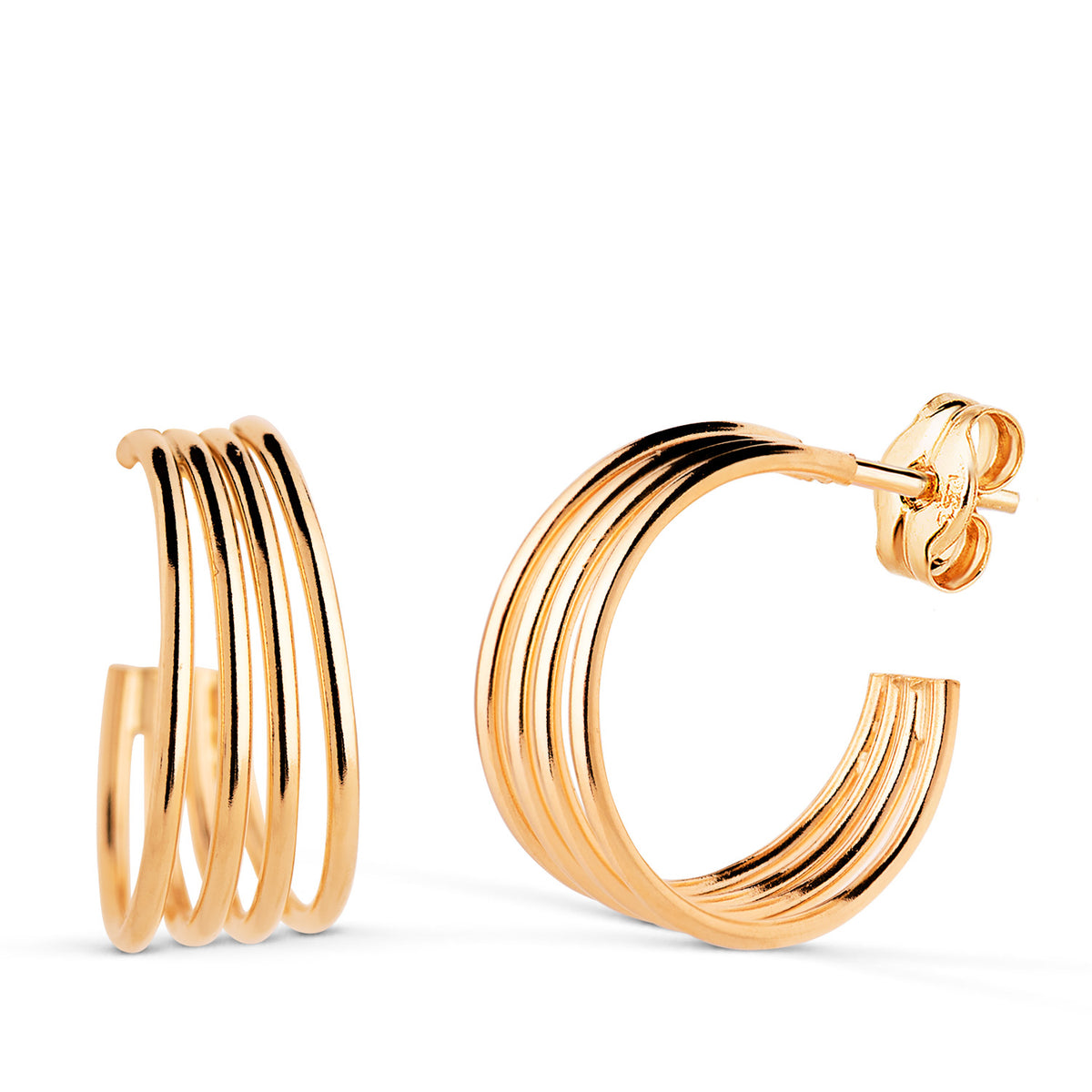 Pendientes Aros Huecos Abiertos 4 Bandas en Brillo. Medida: 13 x 6 mm de oro amarillo 18K