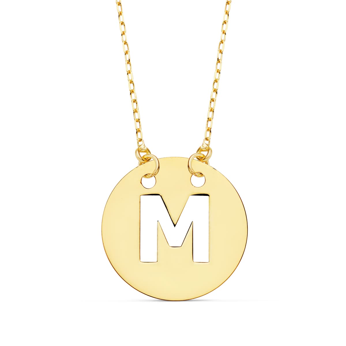 18K COLGANTE ORO AMARILO LETRA " M " 15 MM CADENA FORZADA 42CM