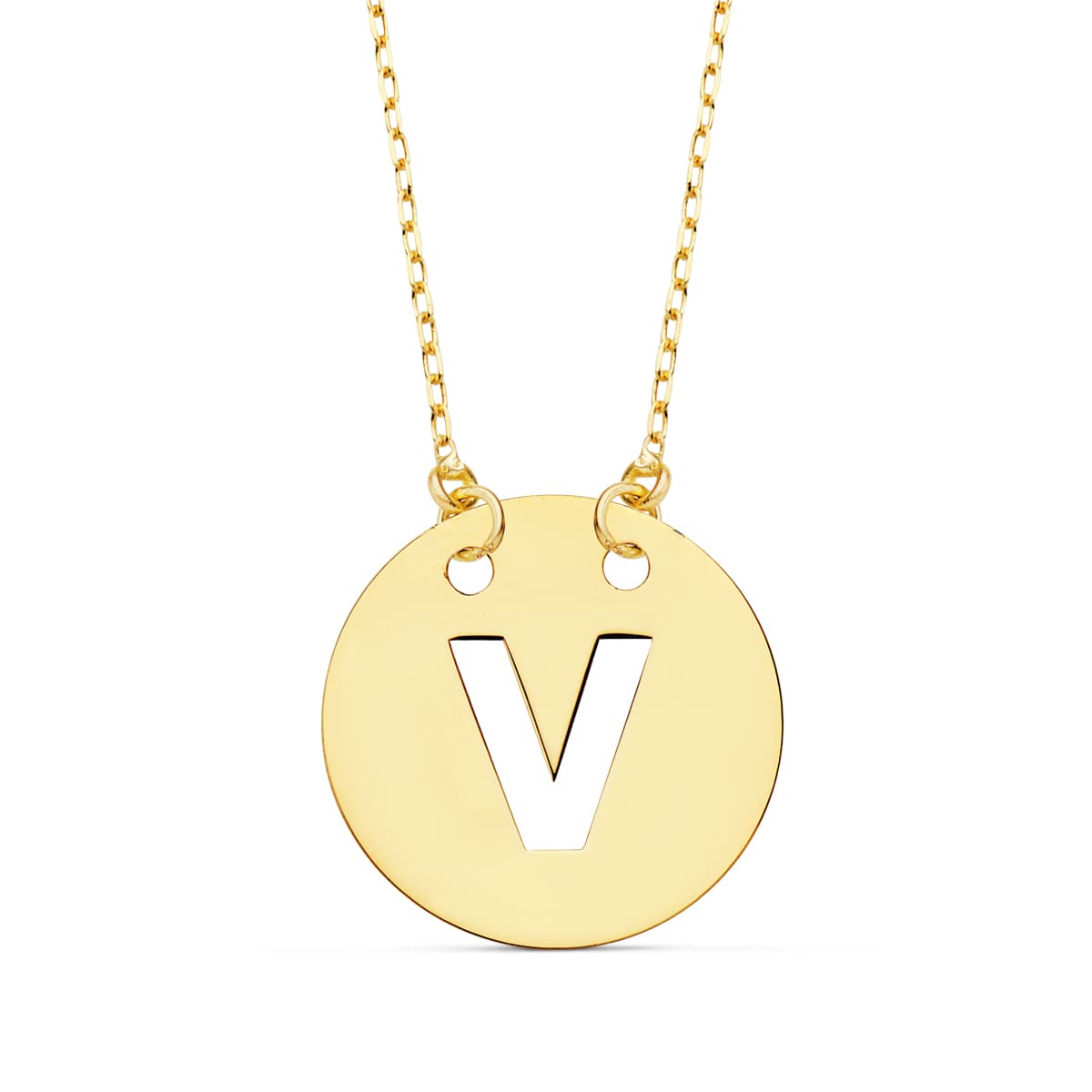 Colgante Letra " V " 15 mm Cadena Forzada 42 cm de oro amarillo 18K