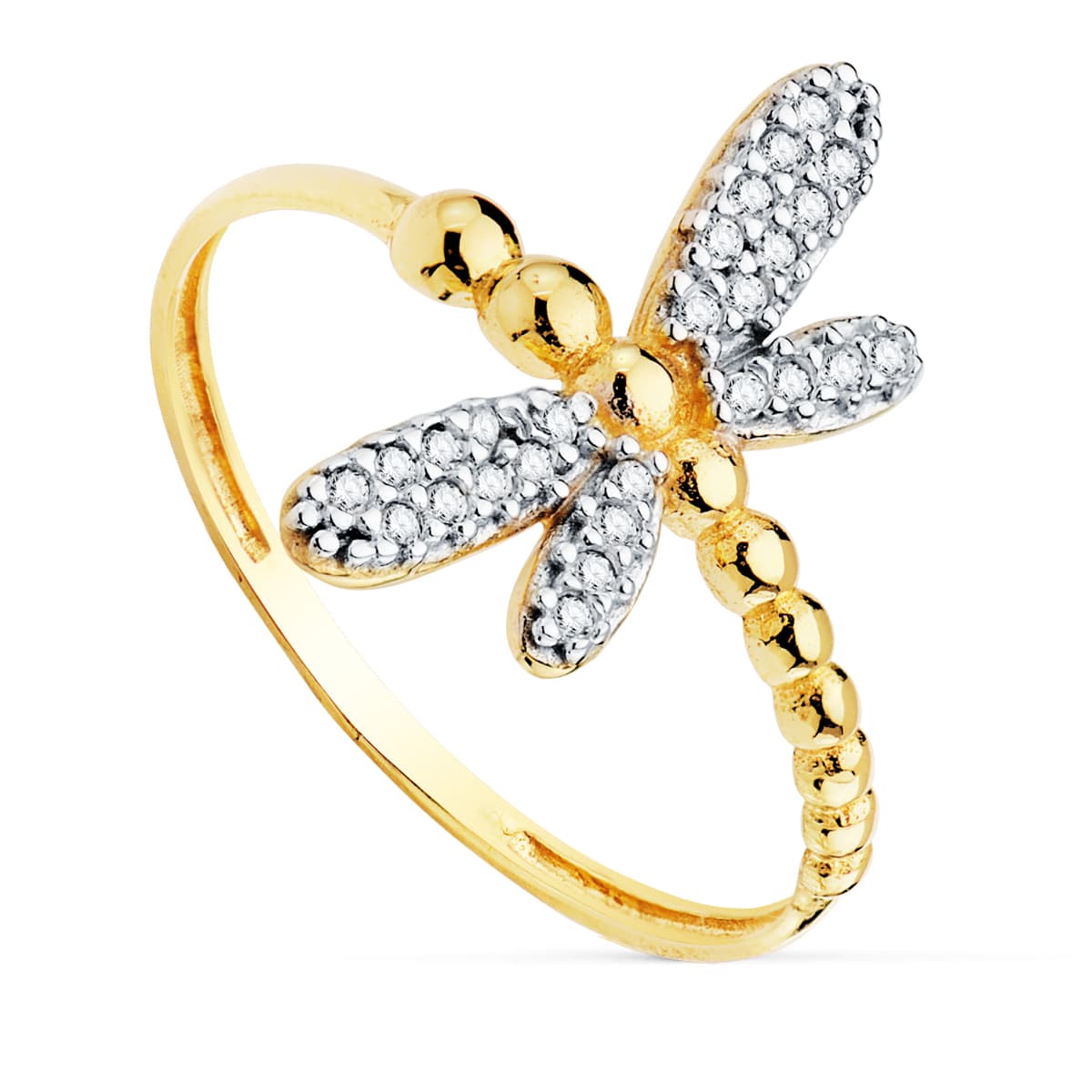 18K SORTIJA ORO BICOLOR CON LILIBELULA CUERPO DE BOLITAS Y ALAS DE CIRCONITAS. ANCHO: 17 MM