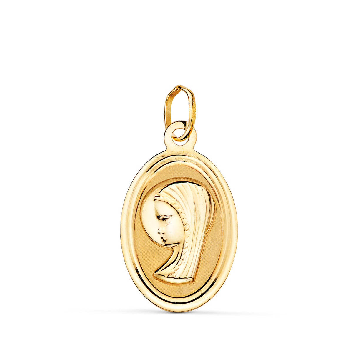 Medalla Oval Virgen Niña con Borde Biselado. 19 x 12 mm de oro amarillo 18K