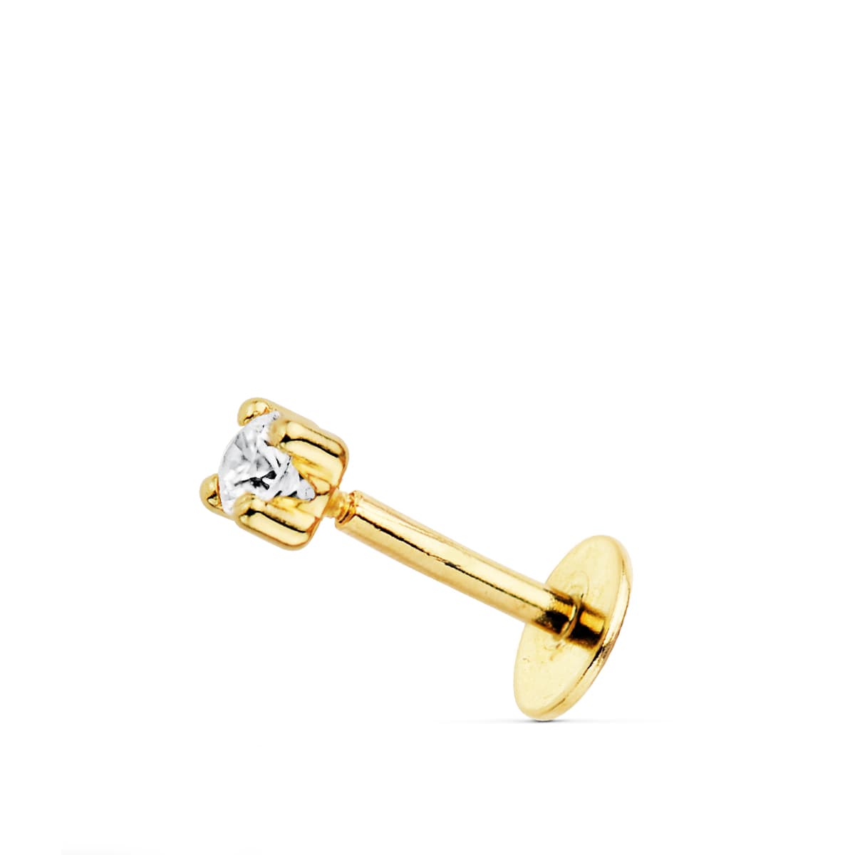 Piercing Labio Circonita Garras 2,5 mm Grueso Barra 1,20 mm Longitud 7 mm Total Piercing 9 mm Cierre Tuerca de oro amarillo 18K