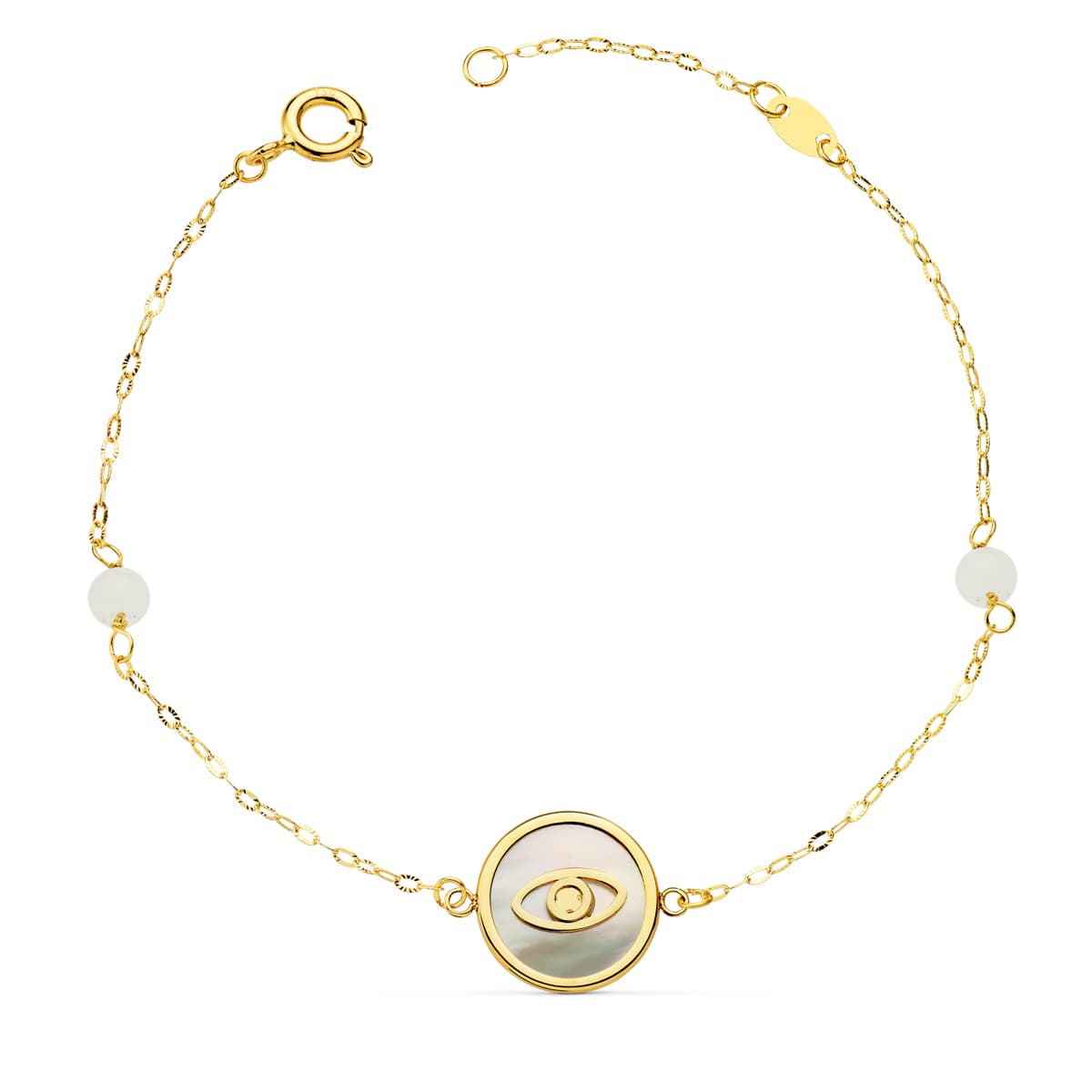 Pulsera Nacar con Amuleto Ojo Turco 12 mm y Bolas Jade 4 mm Cadena 18 2,5 cm de oro amarillo 18K