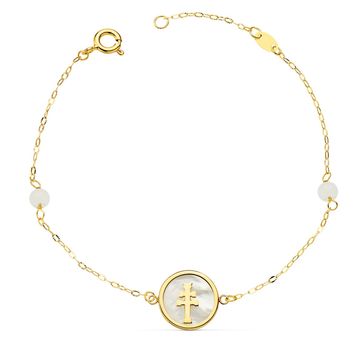Pulsera Nacar con Cruz Caravaca 12 mm y Bolas Jade 4 mm Cadena 18 2,5 cm de oro amarillo 18K