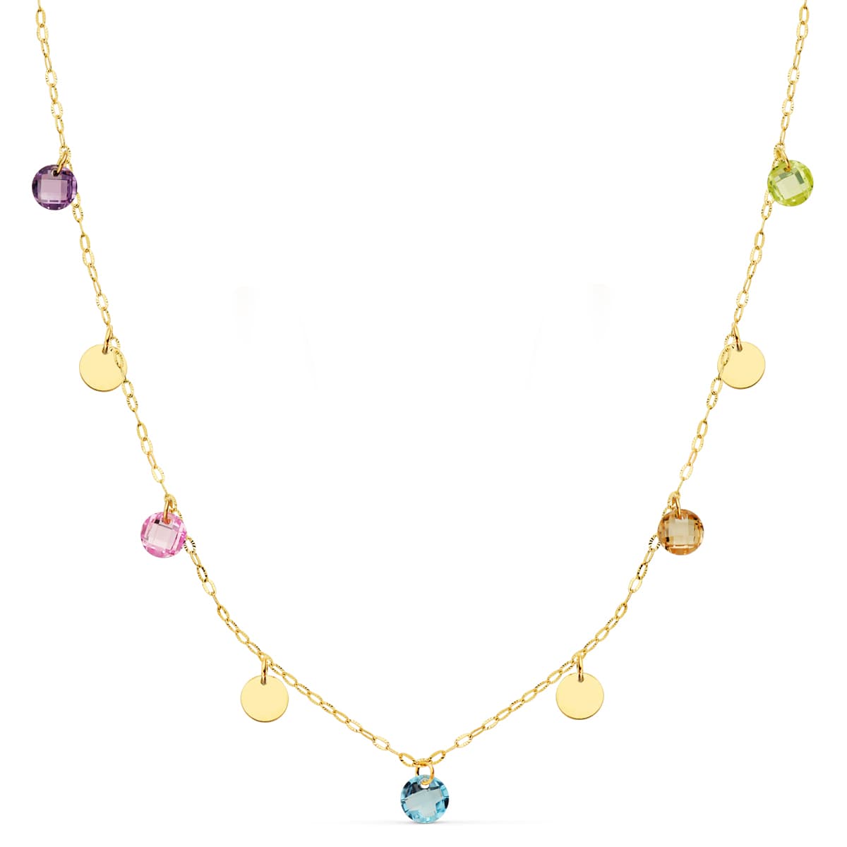 18K GARGANTILLA ORO AMARILLO PLACA CHAPAS 5 MM Y PIEDRAS 5 MM CADENA FORZADA 45CM