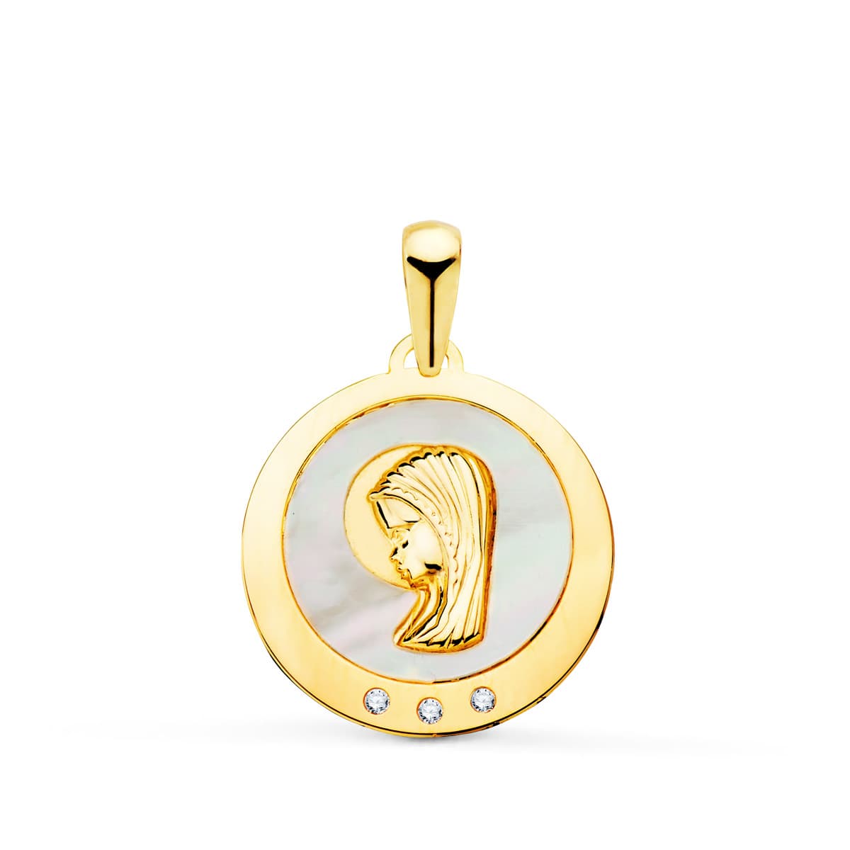 Medalla Virgen Niña con Nacar y Circonita 14 mm de oro amarillo 18K