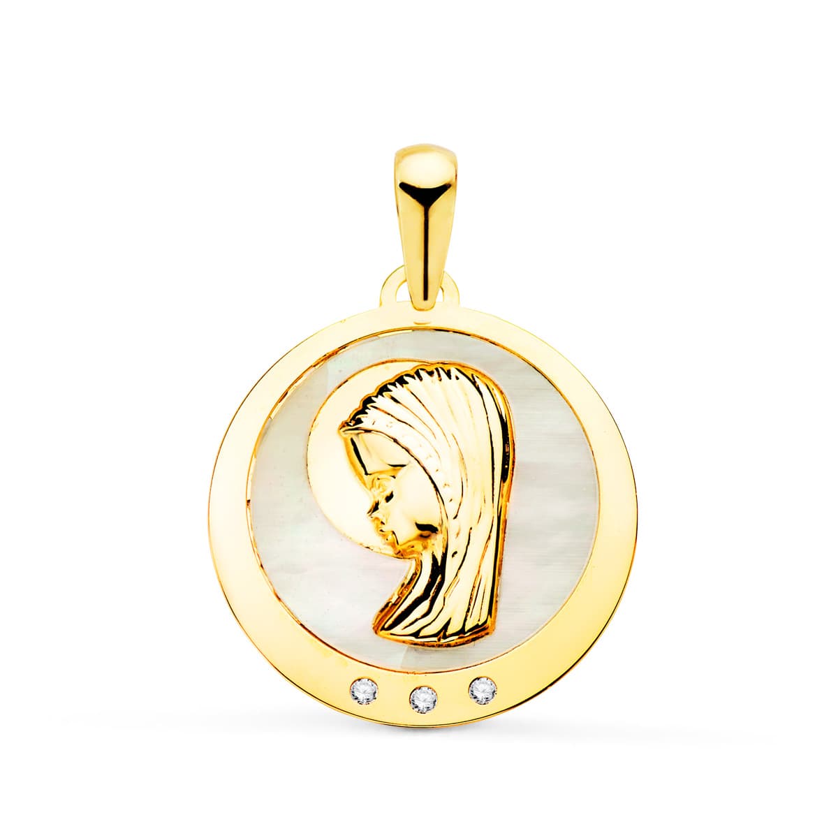 Medalla Virgen Niña con Nacar y Circonita 19 mm de oro amarillo 18K