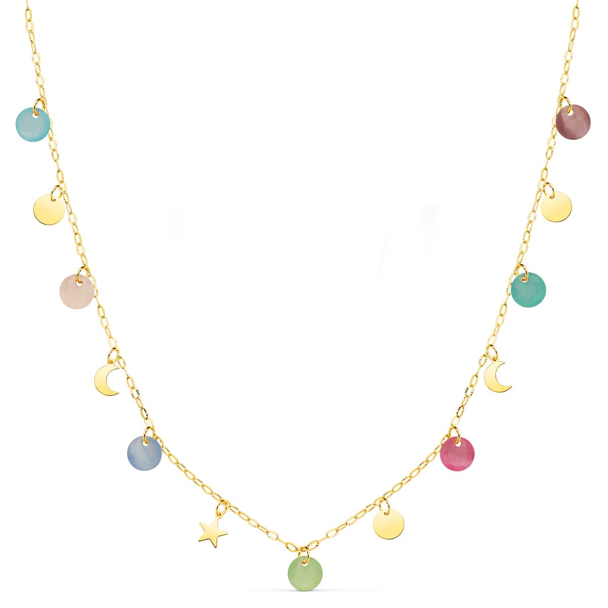 18K GARGANTILLA AMARILLO PLACA CHAPAS FORMAS 5 MM Y PIEDRAS 5 MM CADENA FORZADA 45CM