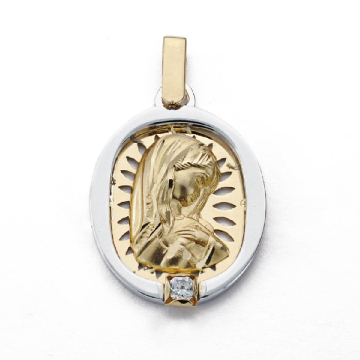Medalla Virgen Niña Bicolor Calada con Circonita 24 x 17 mm de oro amarillo 18K