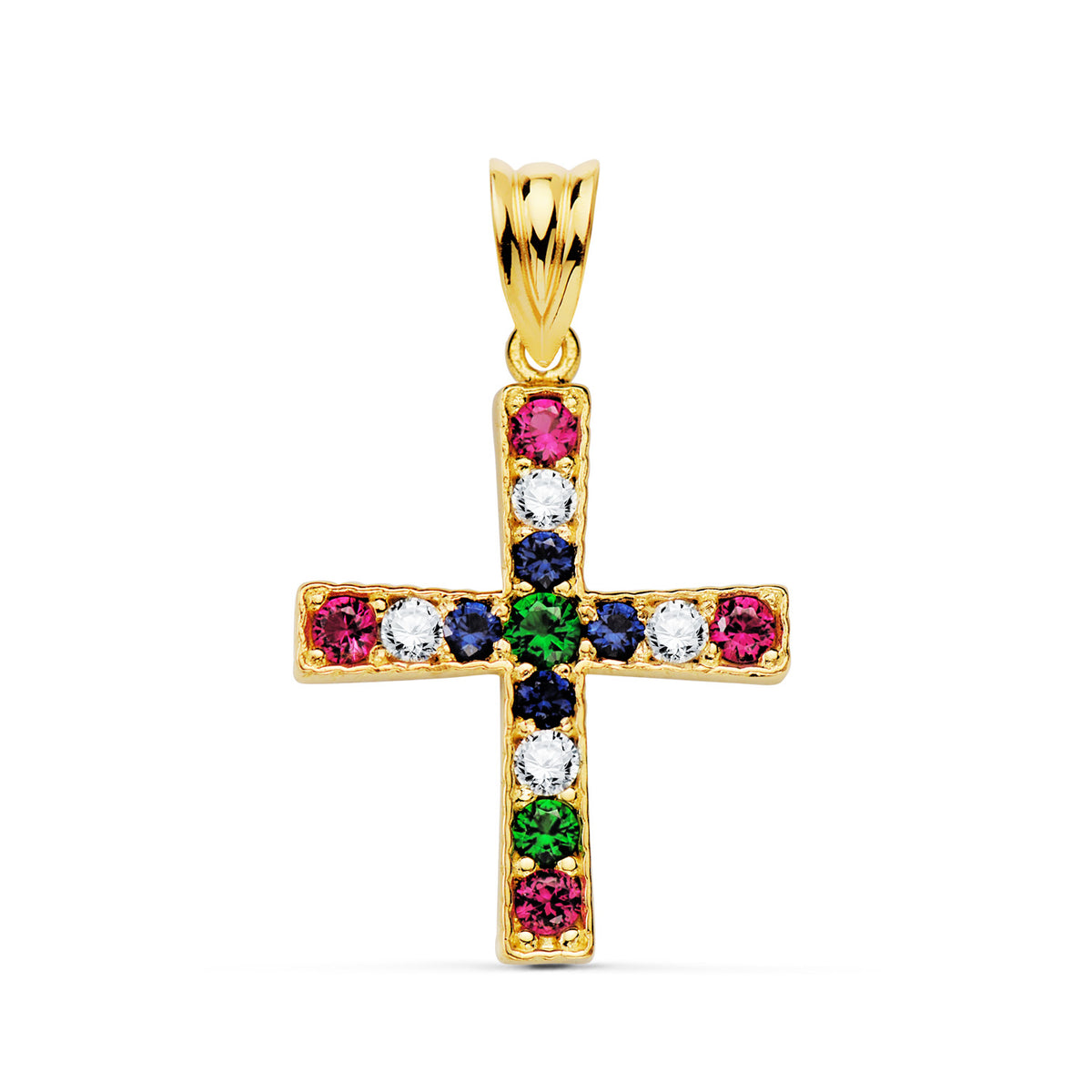 Cruz con Circonita Colores Redondas. 22 x 19 mm de oro amarillo 18K