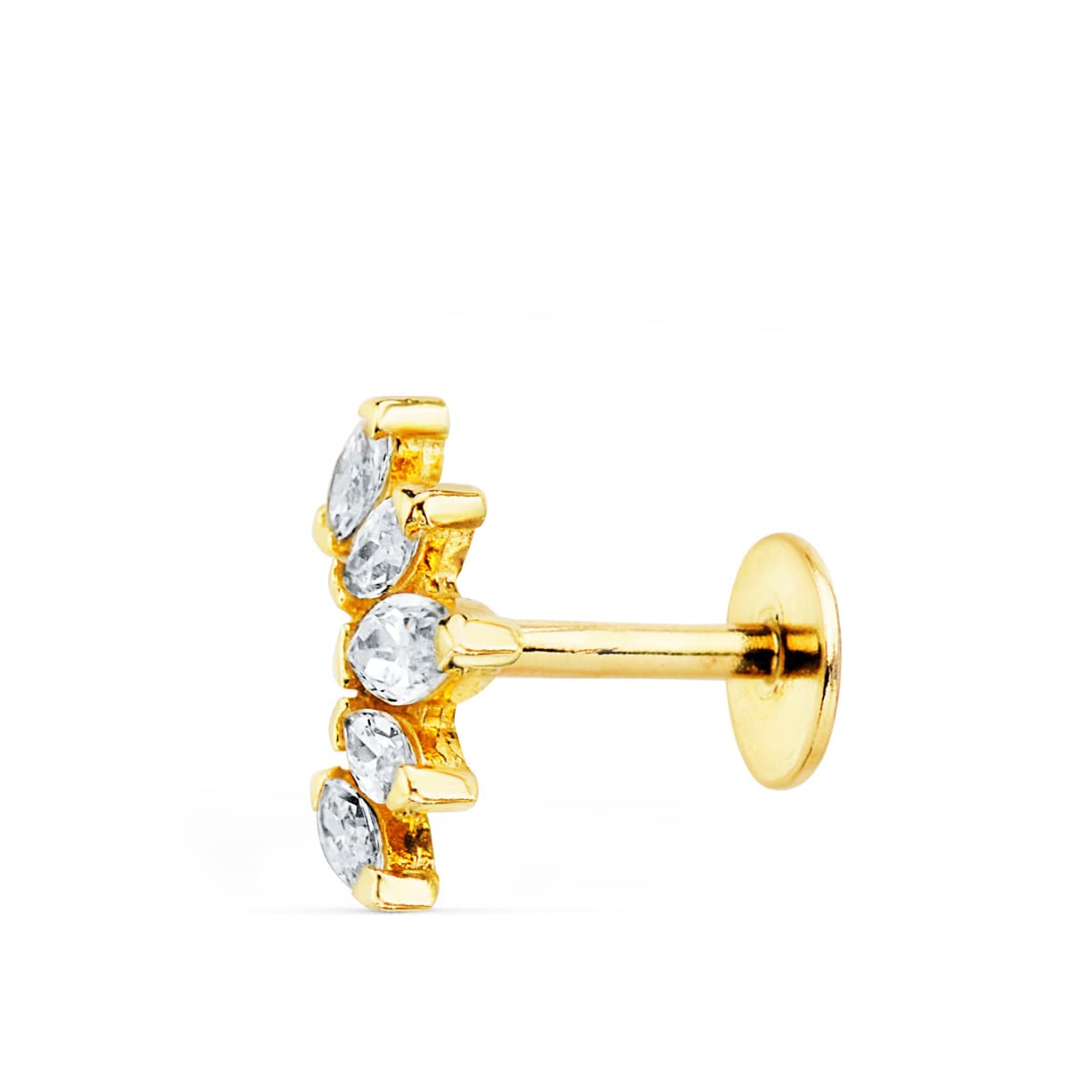 Piercing Oreja Hojitas con Circonita 9 x 6 mm ( Unidad ) Grueso Barra 1,20 mm Longitud 7 mm Total Piercing 10 mm Cierre Tuerca de oro amarillo 18K