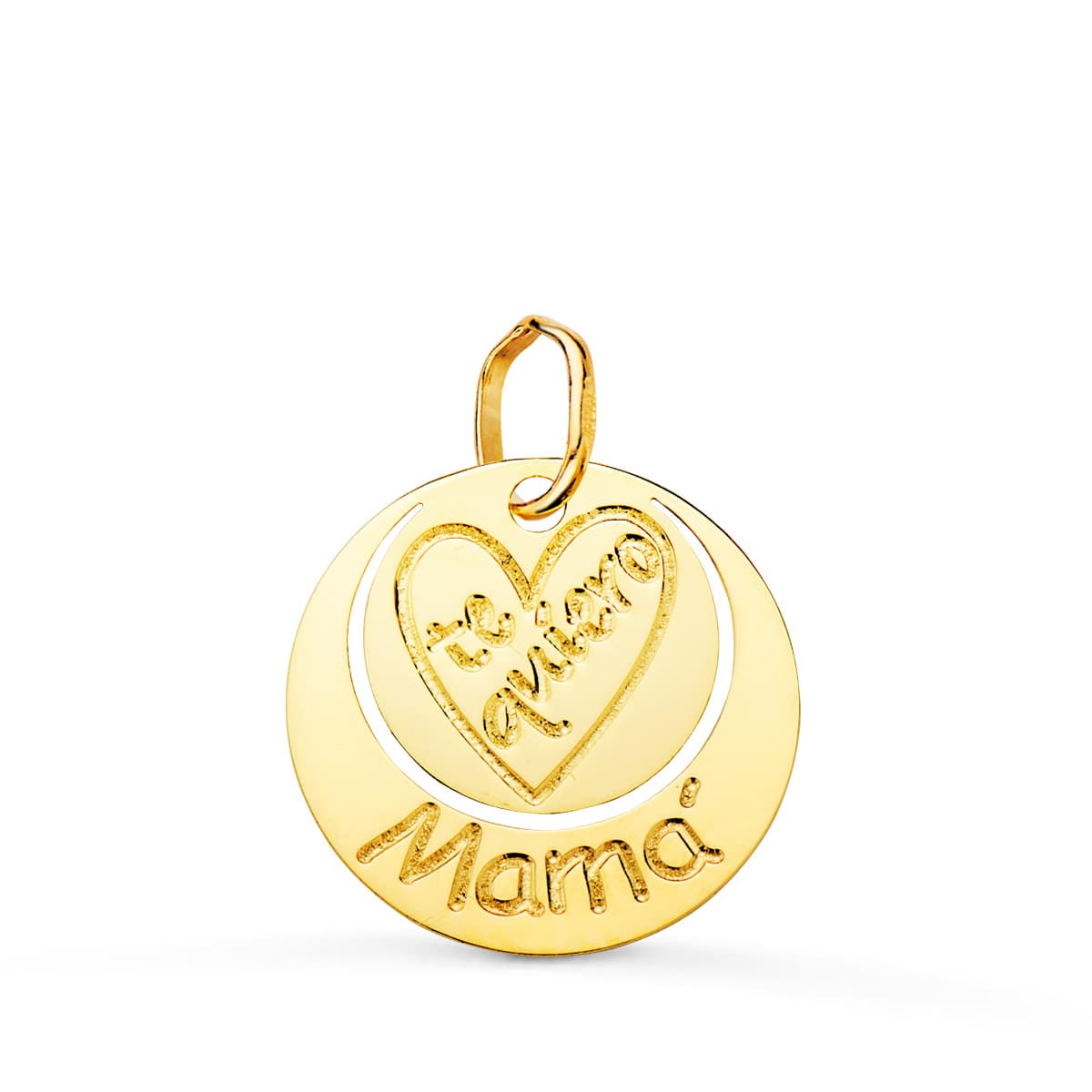 18K COLGANTE ORO AMARILLO REDONDO TE QUIERO MAMA CORAZON GRABADO. 14 MM
