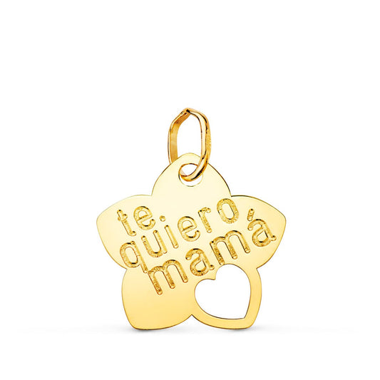 18K COLGANTE ORO AMARILLO FLOR TE QUIERO MAMA CON CORAZON CALADO 15X14 MM