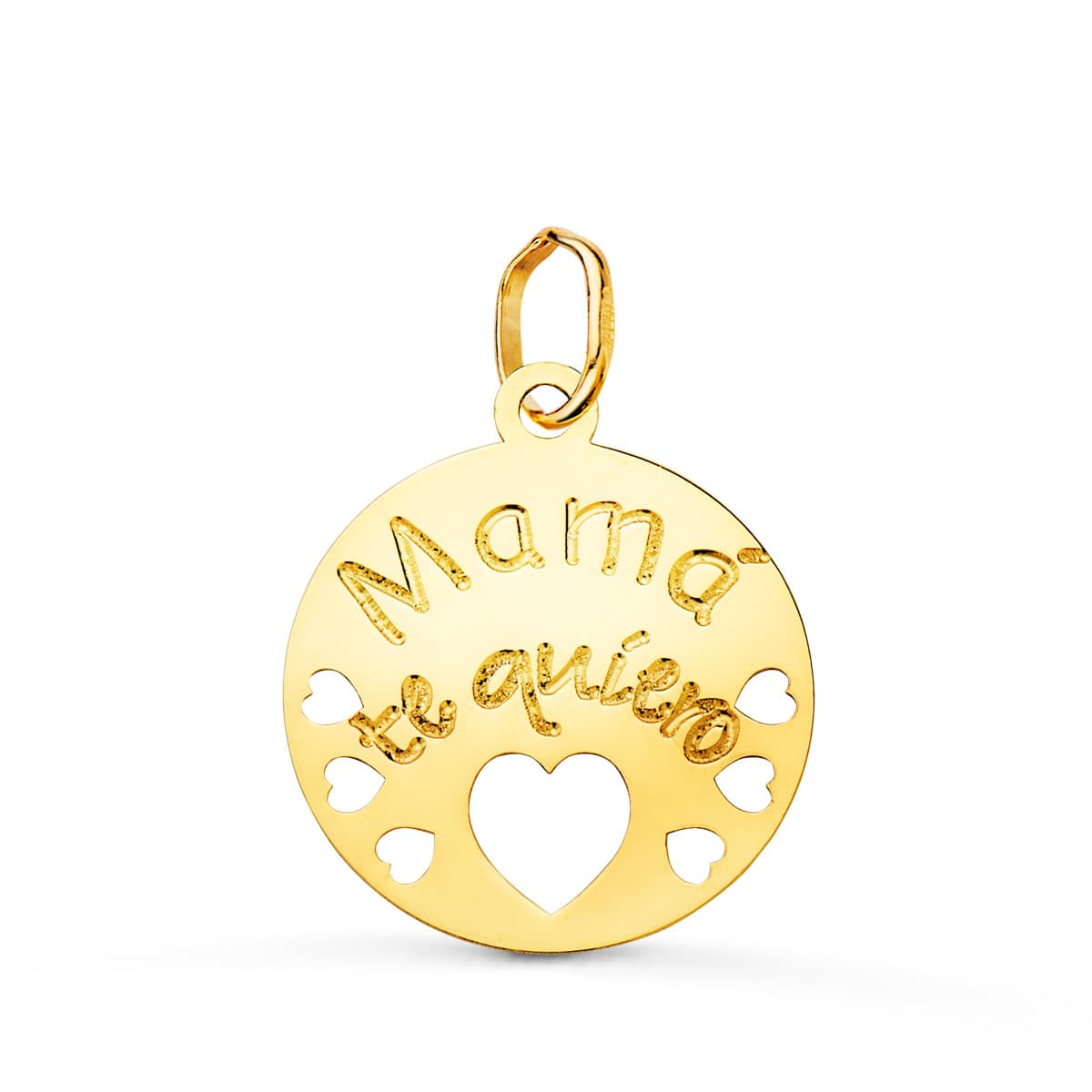 18K COLGANTE ORO AMARILLO REDONDO MAMA TE QUIERO CON CORAZONE CALADOS 15 MM