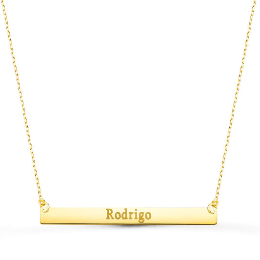 18K COLGANTE ORO AMARILLO PLACA CHAPA HORIZONTAL BRILLO 40X4 MM CADENA 44 2 CM