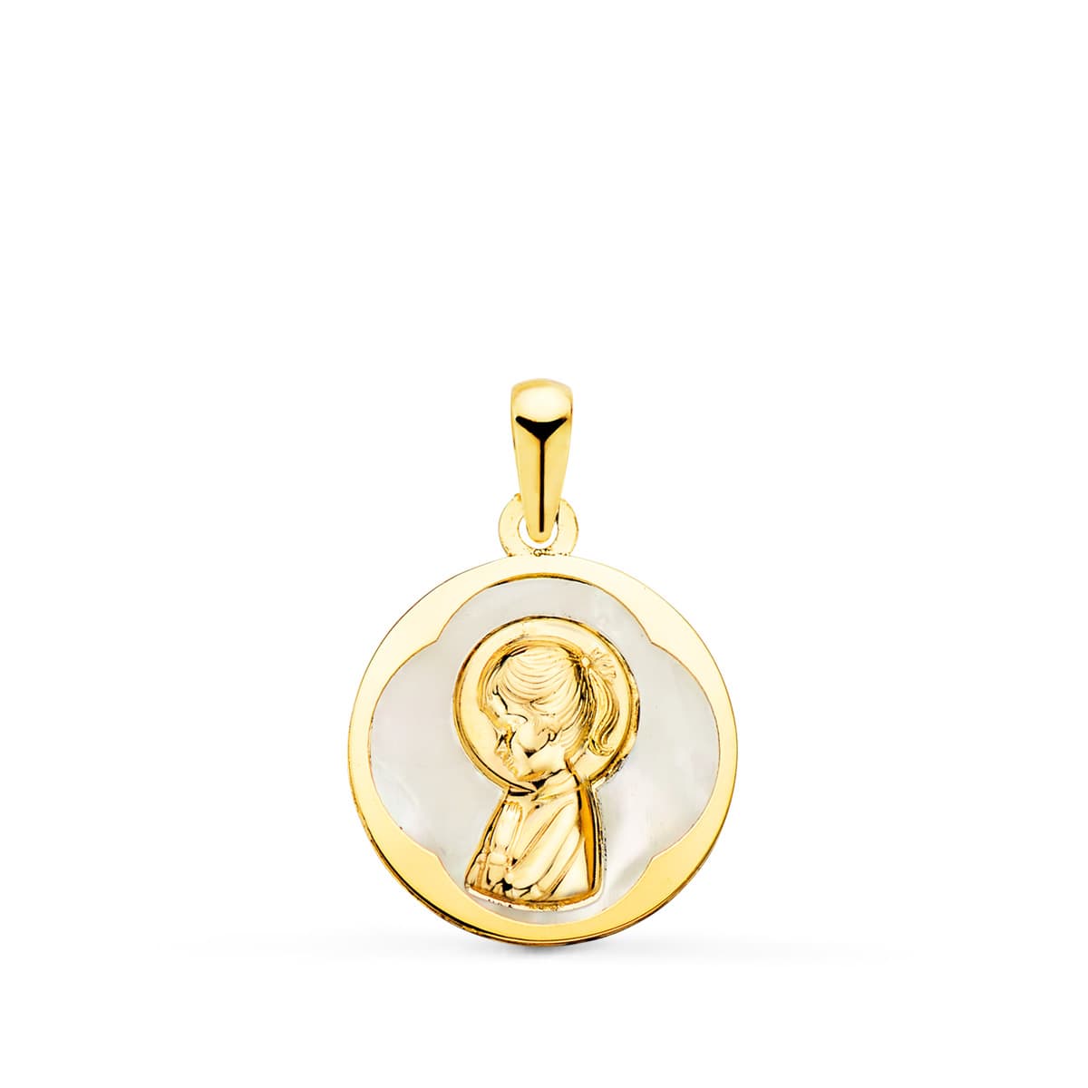 Medalla Redonda con Nacar Blanco y Virgen Niña. 15 mm de oro amarillo 18K