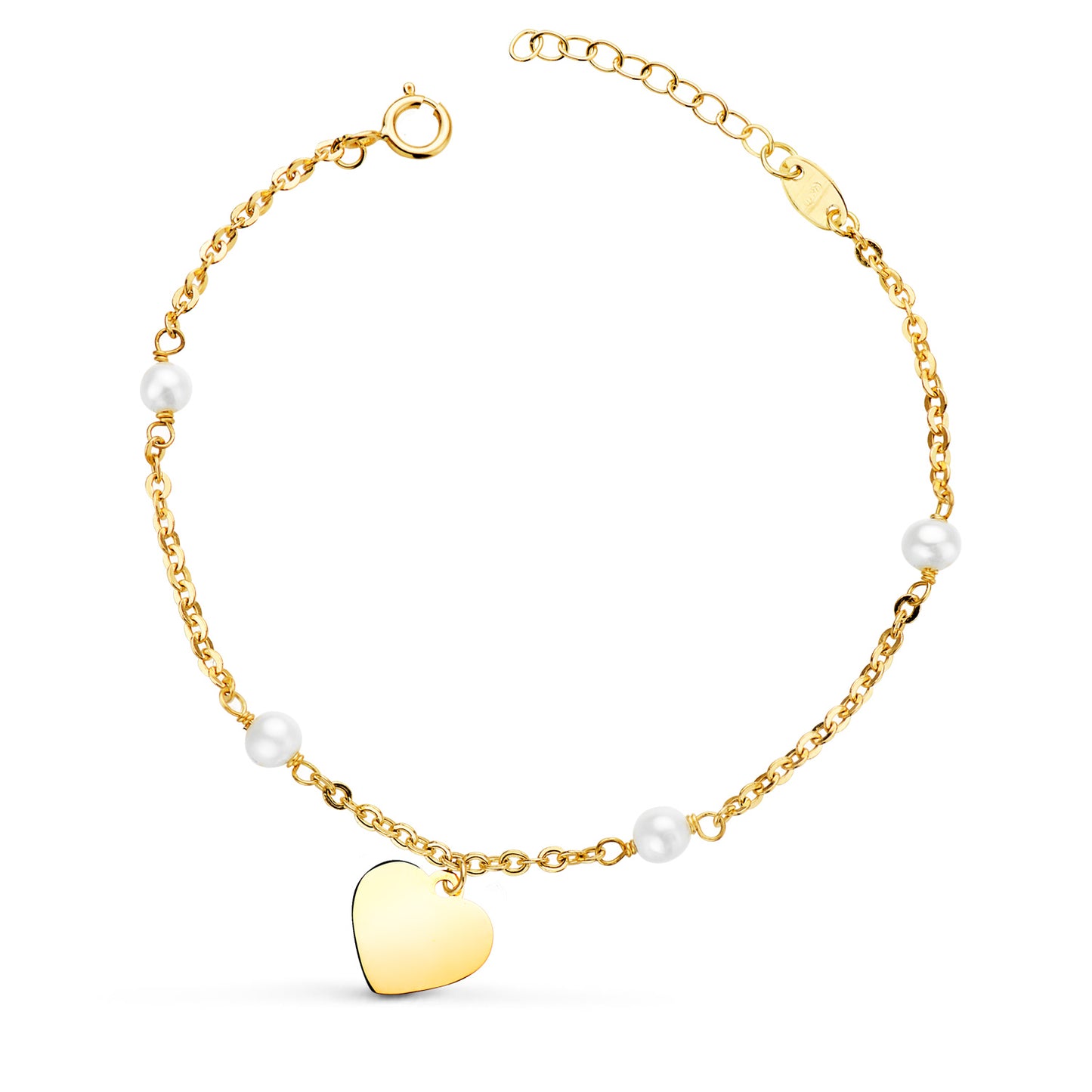 18K PULSERA ORO AMARILLO CON PERLAS 3.5MM Y PLACA CHAPA CORAZON 10MM. LARGO: 15 2CM C. AMOR