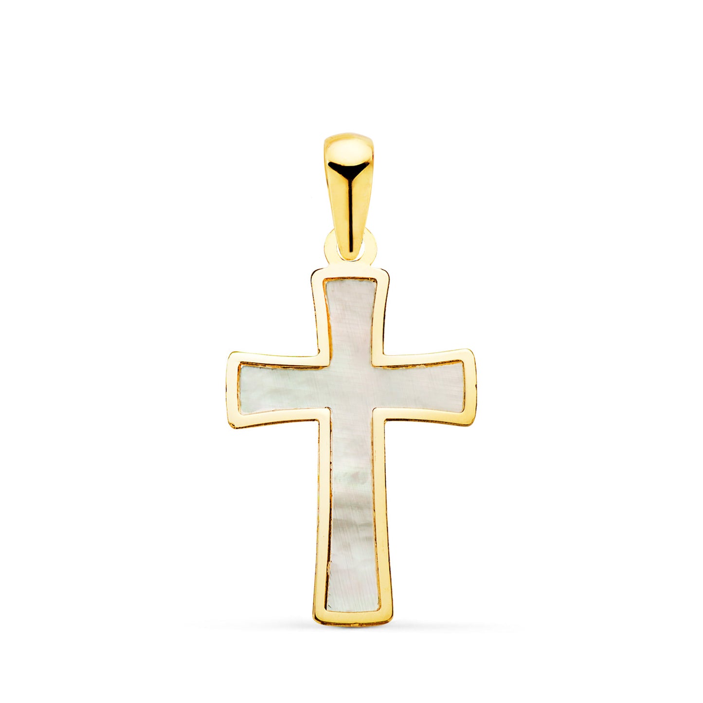 18K CRUZ ORO AMARILLO CON NACAR Y BORDE EN BRILLO. MEDIDA: 20 X 12 MM