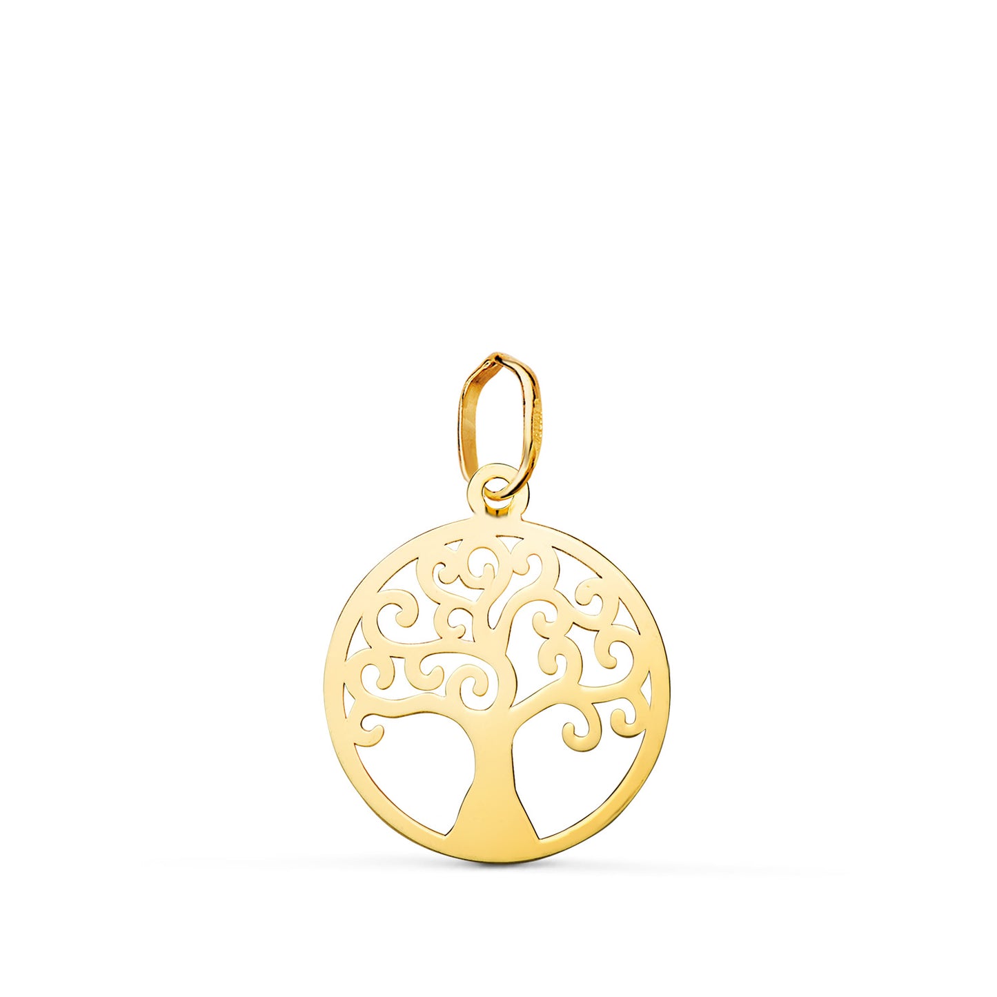 18K COLGANTE AMULETO ORO AMARILLO REDONDO ARBOL DE LA VIDA EN BRILLO 14 MM