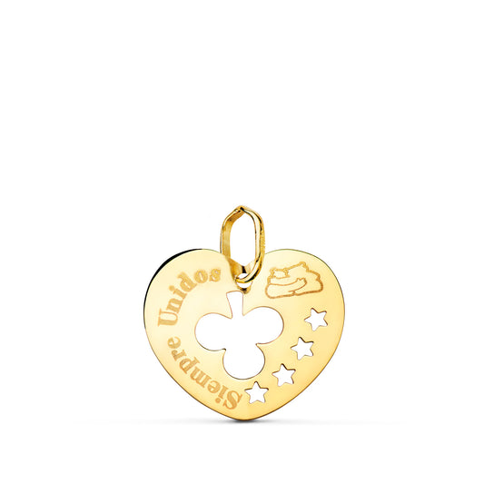 18K COLGANTE ORO AMARILLO CORAZON CALADO SIEMPRE UNIDOS Y TREBOL 16 MM