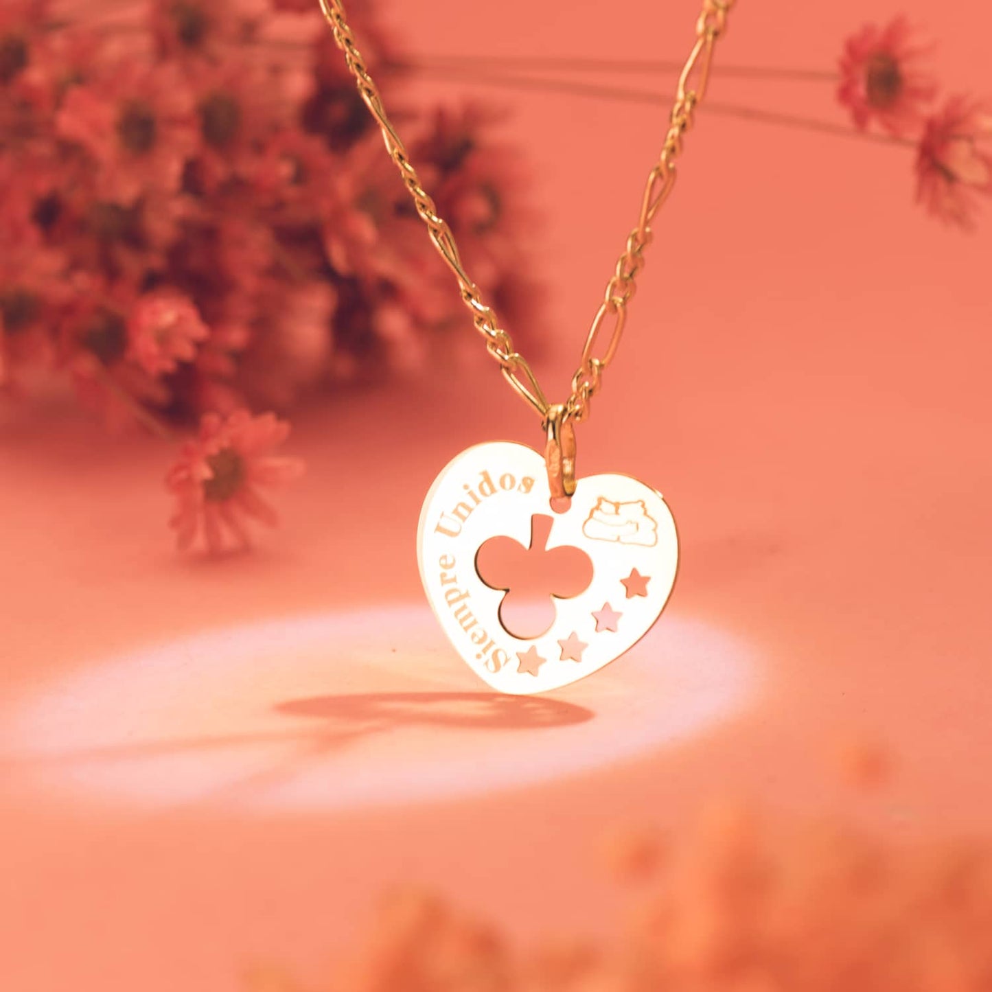 18K COLGANTE ORO AMARILLO CORAZON CALADO SIEMPRE UNIDOS Y TREBOL 16 MM