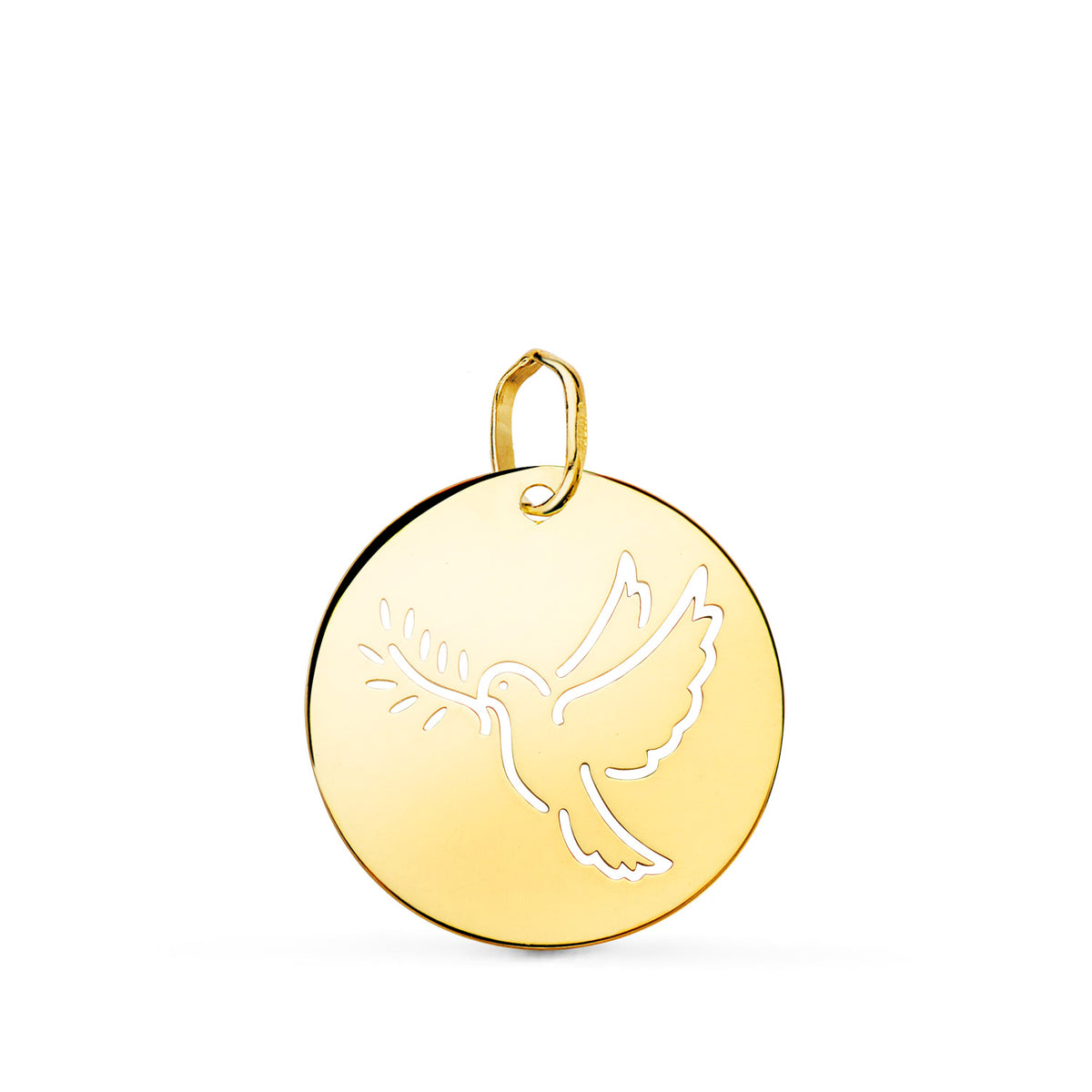 Colgante Redondo con Paloma Calada en Brillo 18 mm Ç de oro amarillo 18K