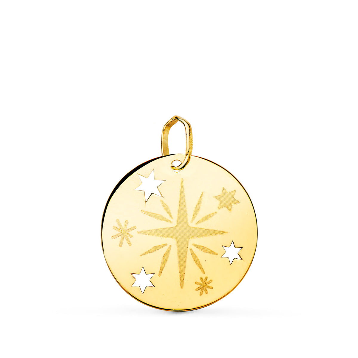 Colgante Amuleto Redondo Rosa de Los Vientos Grabada en Brillo 18 mm de oro amarillo 18K