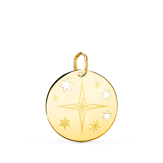 18K COLGANTE ORO AMARILLO REDONDO ROSA DE LOS VIENTOS GRABADA EN BRILLO 18 MM