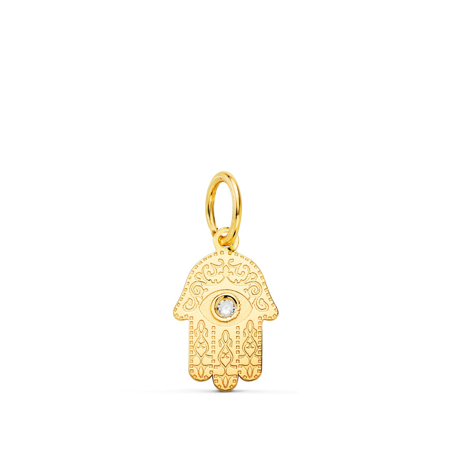 Colgante Amuleto Mano de Fatima Tallada Circonita 11 x 6,5 mm de oro amarillo 18K