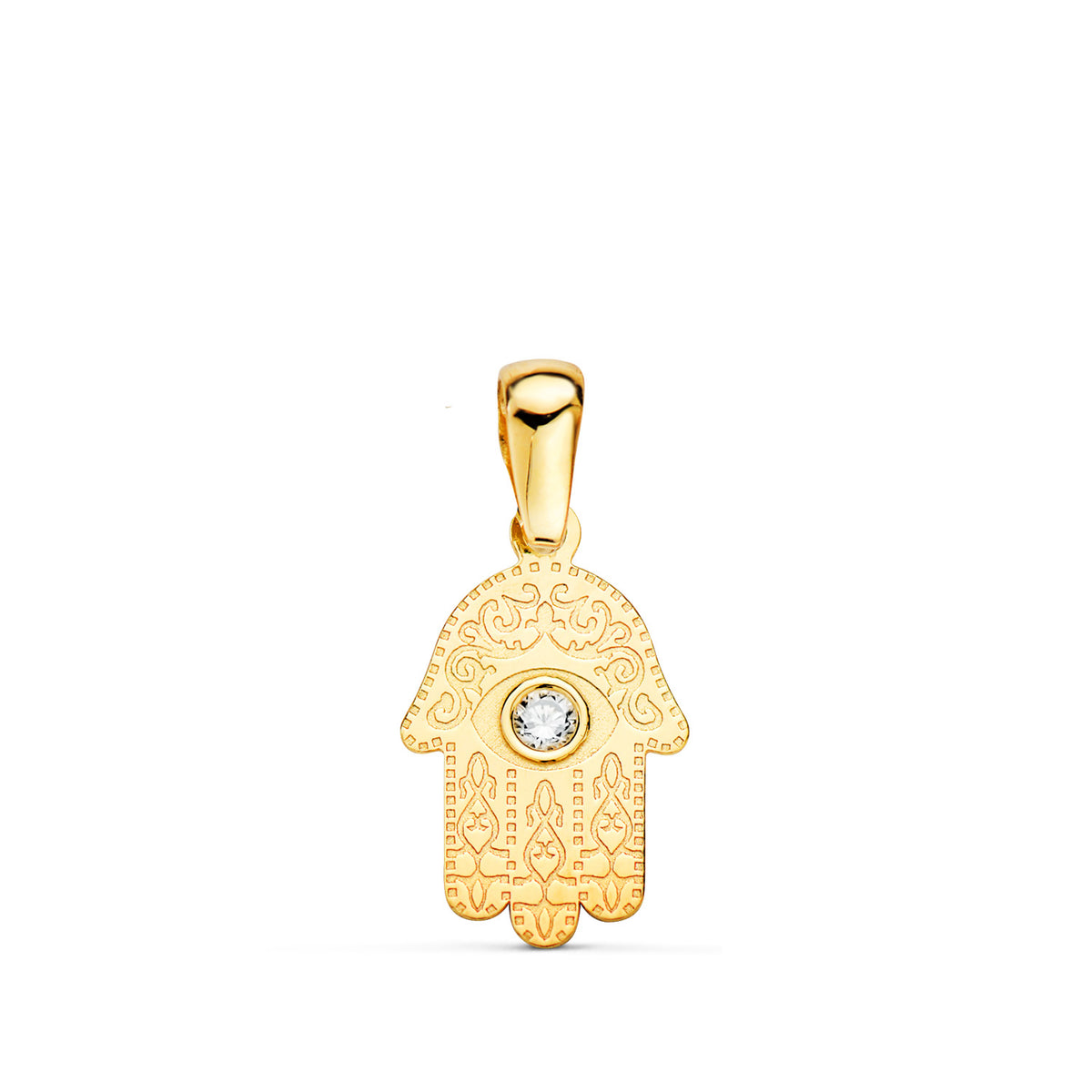 Colgante Amuleto Mano de Fatima Tallada Circonita 13 x 8 mm de oro amarillo 18K