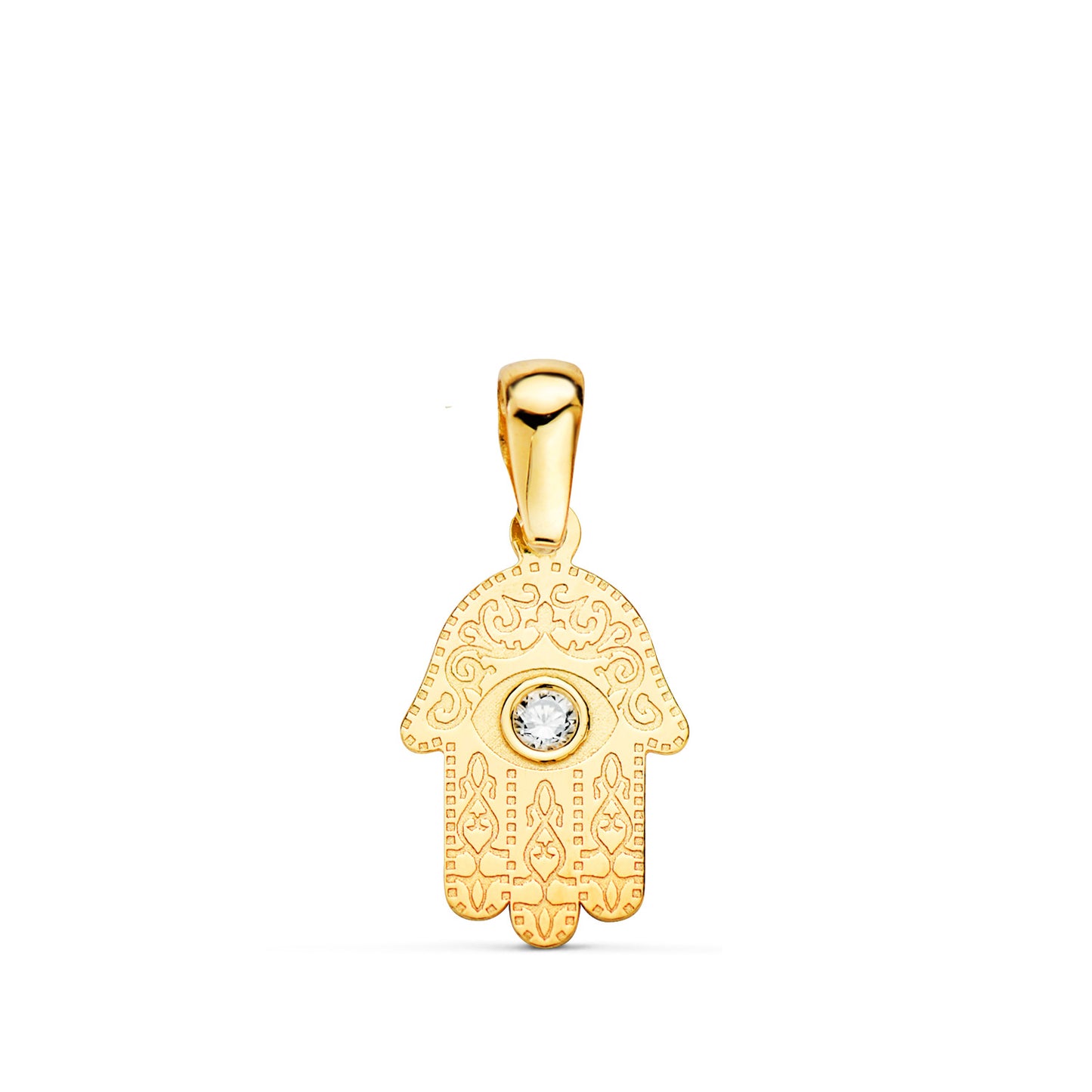 18K COLGANTE AMULETO ORO AMARILLO MANO DE FATIMA TALLADA CIRCONITA 13 X 8MM