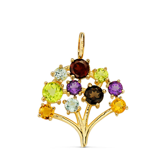 18K COLGANTE ORO AMARILLO ARBOL DE LA VIDA CIRCONITA COLORES. 19 X 18 MM