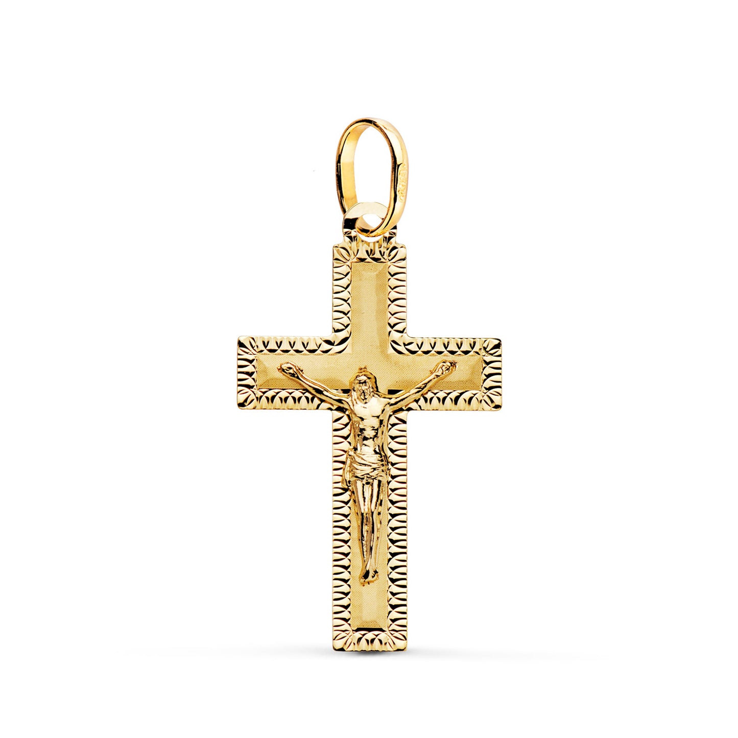 18K CRUZ ORO AMARILLO CON CRISTO TALLADA 27 X 16 MM