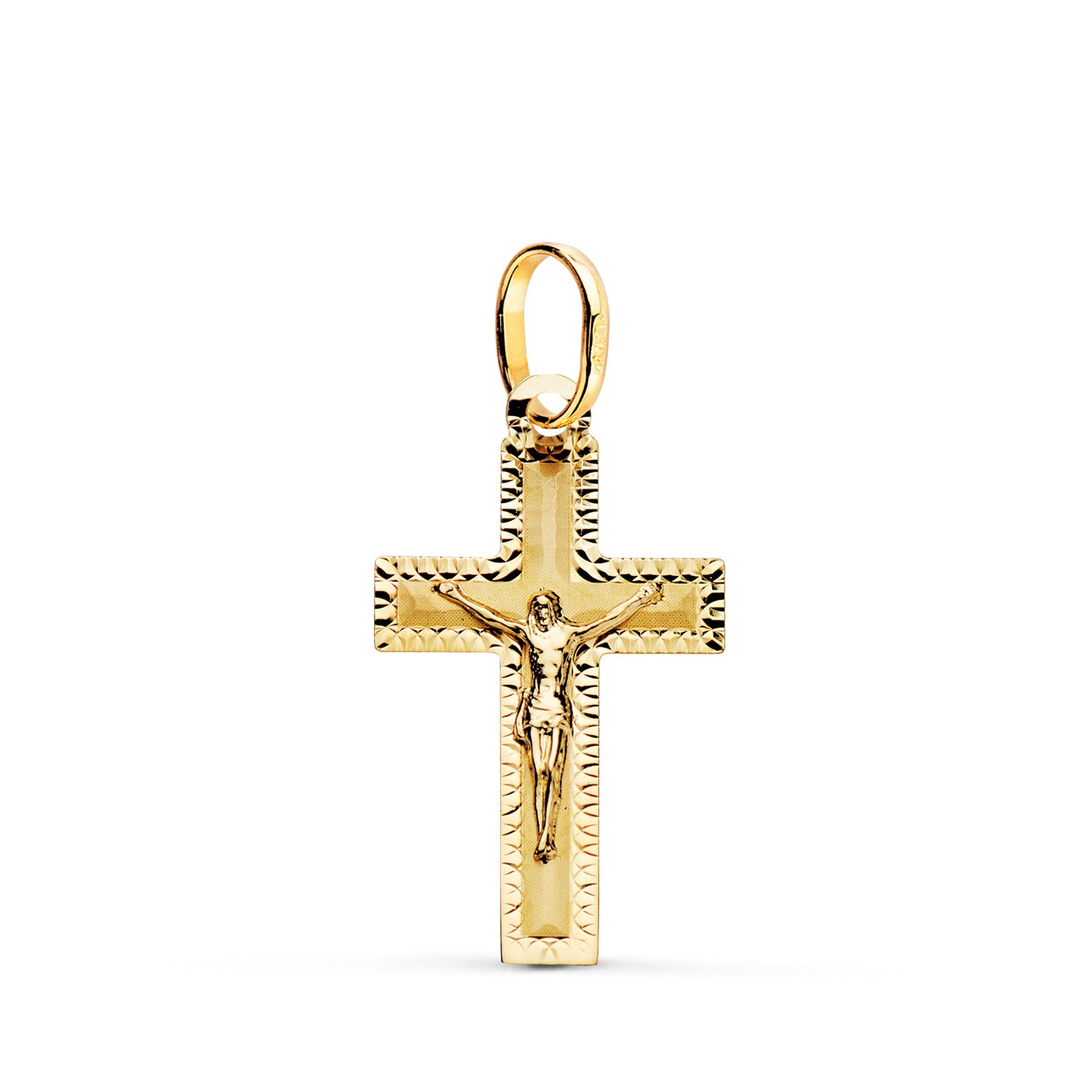 18K CRUZ ORO AMARILLO CON CRISTO TALLADA 23 X 13 MM