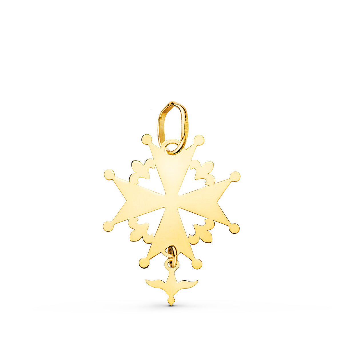 Cruz de Huguenotte con Paloma en Brillo. 21 x 16 mm de oro amarillo 18K