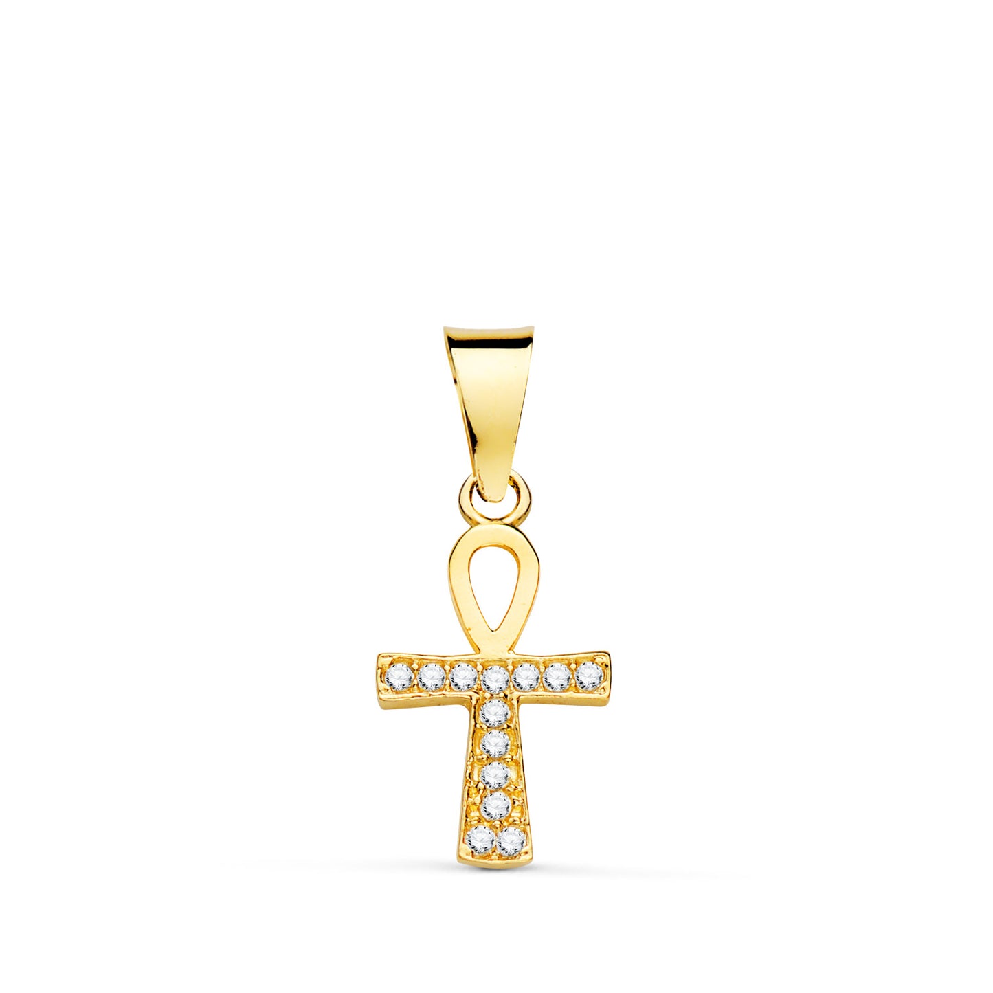 18K CRUZ DE LA VIDA ORO AMARILLO CON CIRCONITA BLANCAS. 14 X 8 MM