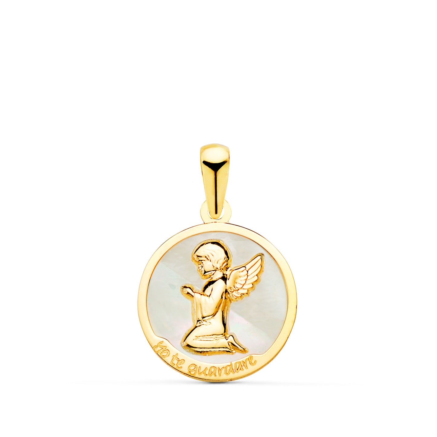 18K COLGANTE ORO AMARILLO ANGEL BURLON Y NACAR BLANCO YO TE GUARDARÉ 15 MM