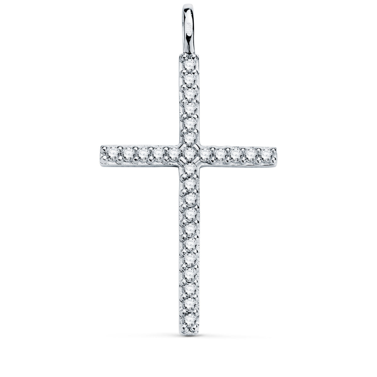 Cruz con Circonita Blancas. 36 x 19 mm. Anilla Fija de oro blanco 18K