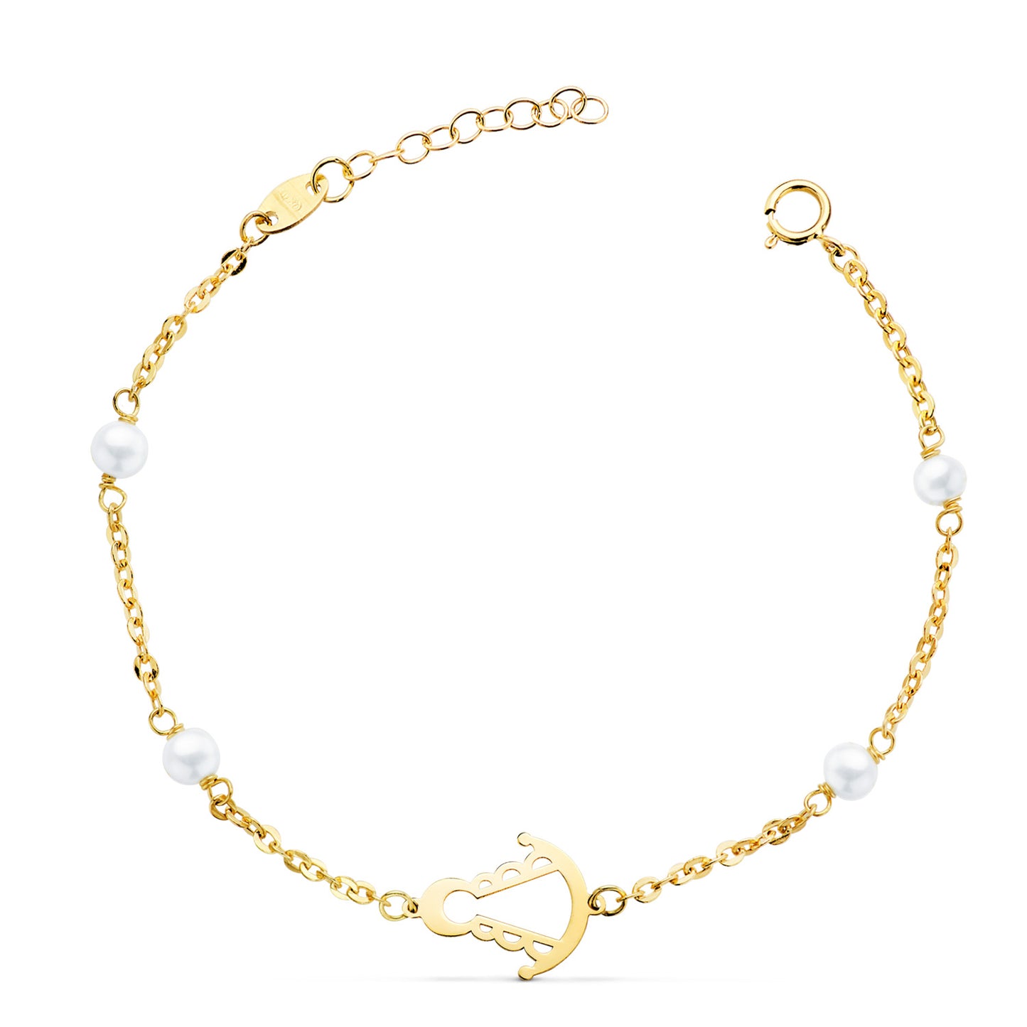 Pulsera Silueta Virgen Rocio 14 x 11 mm con Perlas. Largo: 17,5 cm de oro amarillo 18K