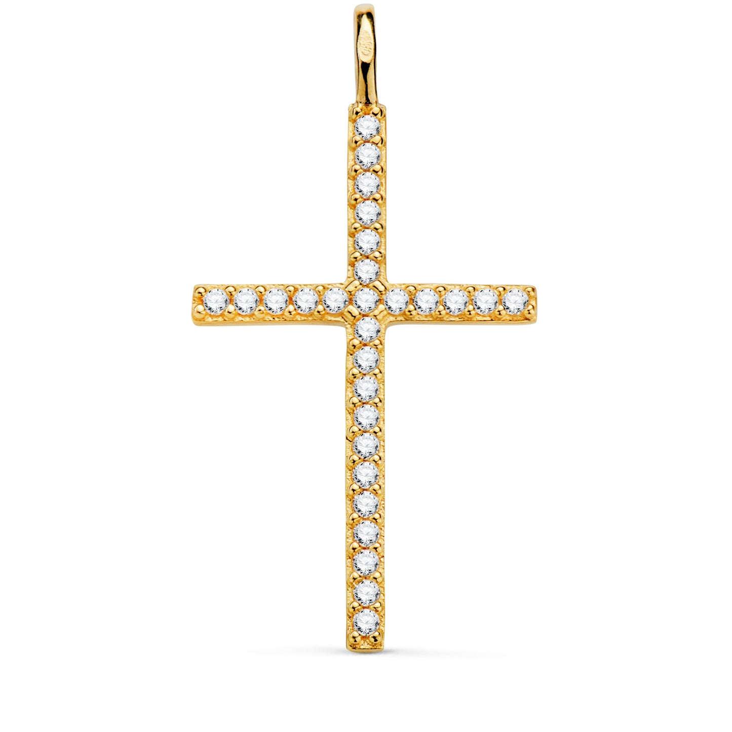 18K CRUZ ORO AMARILLO CON CIRCONITA BLANCAS 37 X 19 MM. ANILLA FIJA