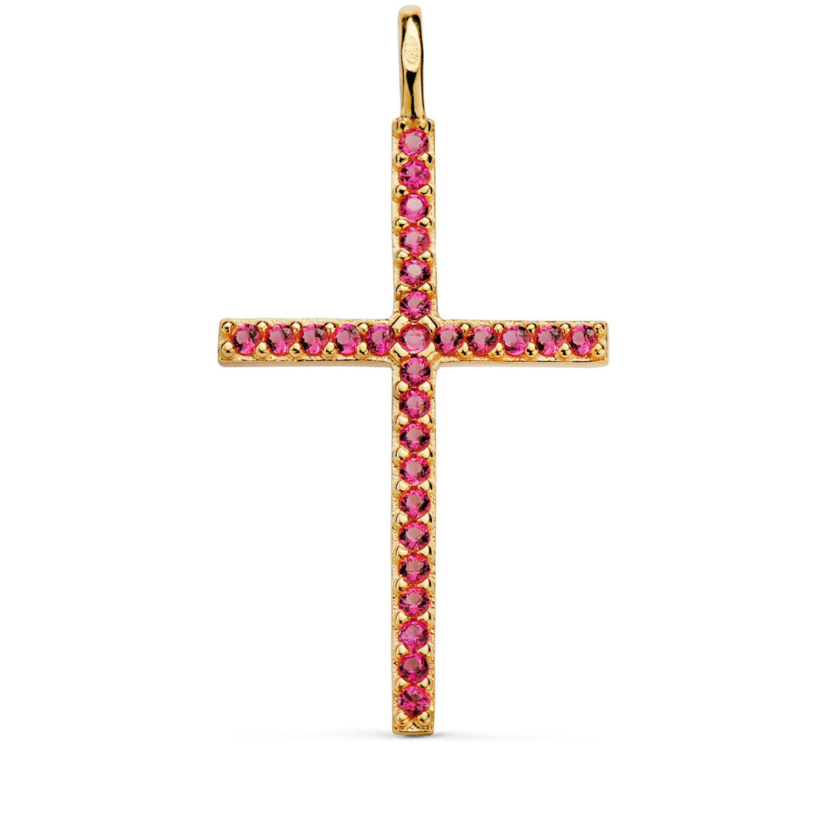 Cruz con Circonita Rojas 37 x 19 mm. Anilla Fija de oro amarillo 18K