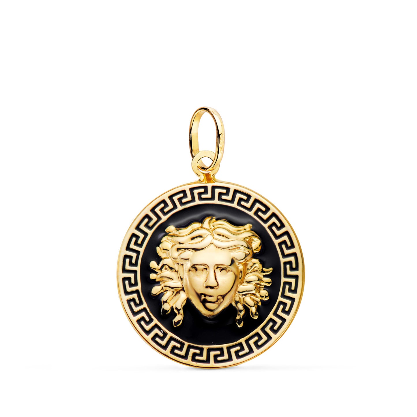 18K MEDALLA ORO AMARILLO MEDUSA GRECA CON ESMALTE NEGRO. 20 MM