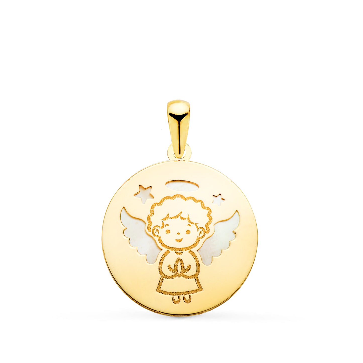 Colgante Angelito Burlon Redondo con Nacar. Ancho: 15,5 mm de oro amarillo 18K