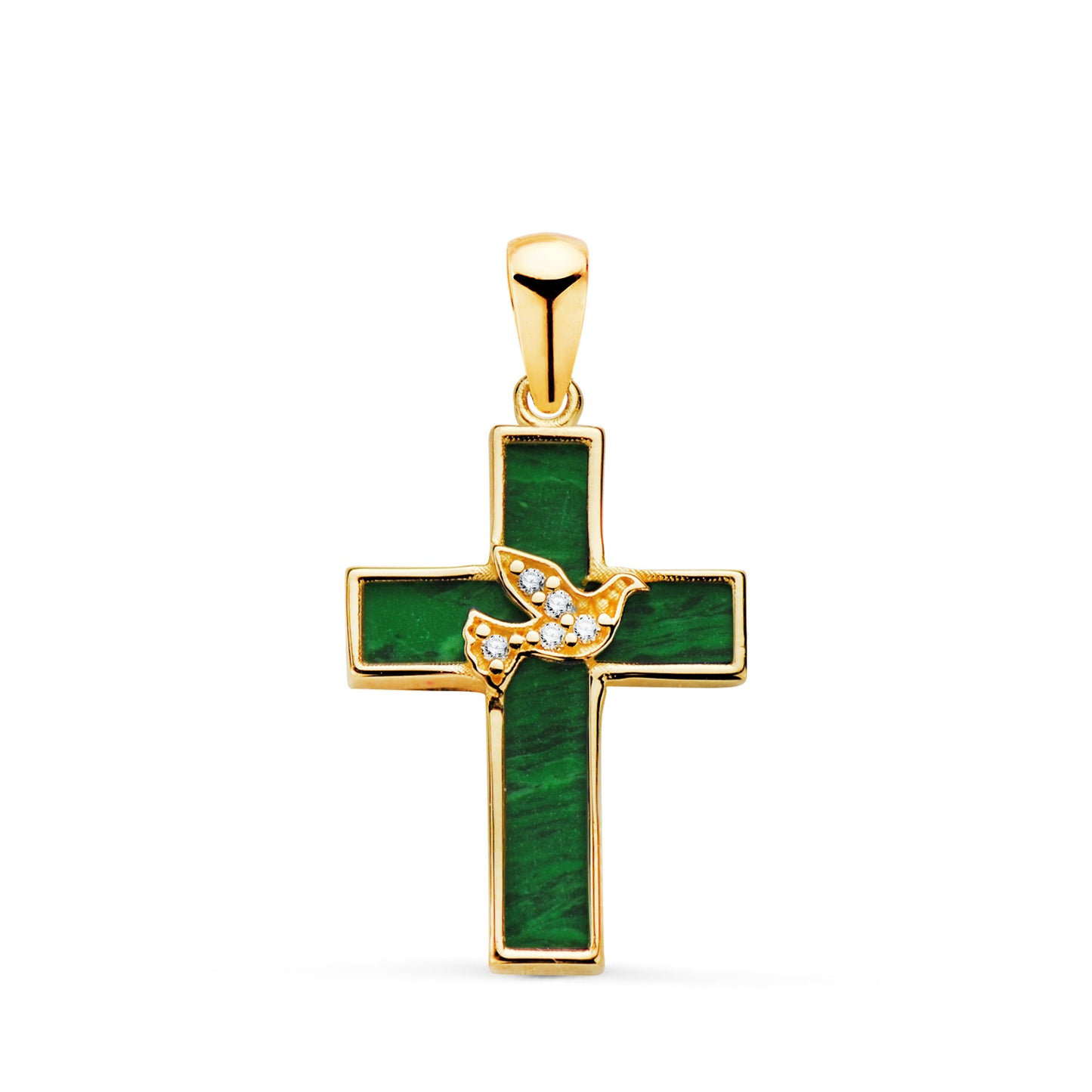 18K CRUZ ORO AMARILLO MALAQUITA Y PAJARO CON CIRCONITAS. MEDIDA: 19 X 12,5 MM