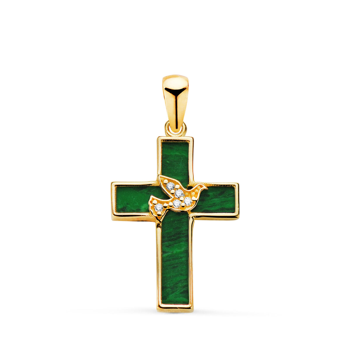 Cruz Malaquita y Pajaro con Circonitas. Medida: 19 x 12,5 mm de oro amarillo 18K
