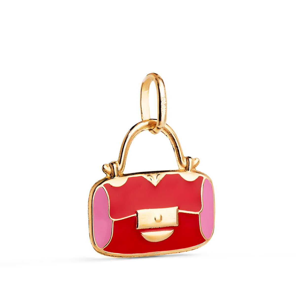 Colgante Bolso con Esmalte Rosa y Rojo. Medida: 14 x 13 mm de oro amarillo 18K