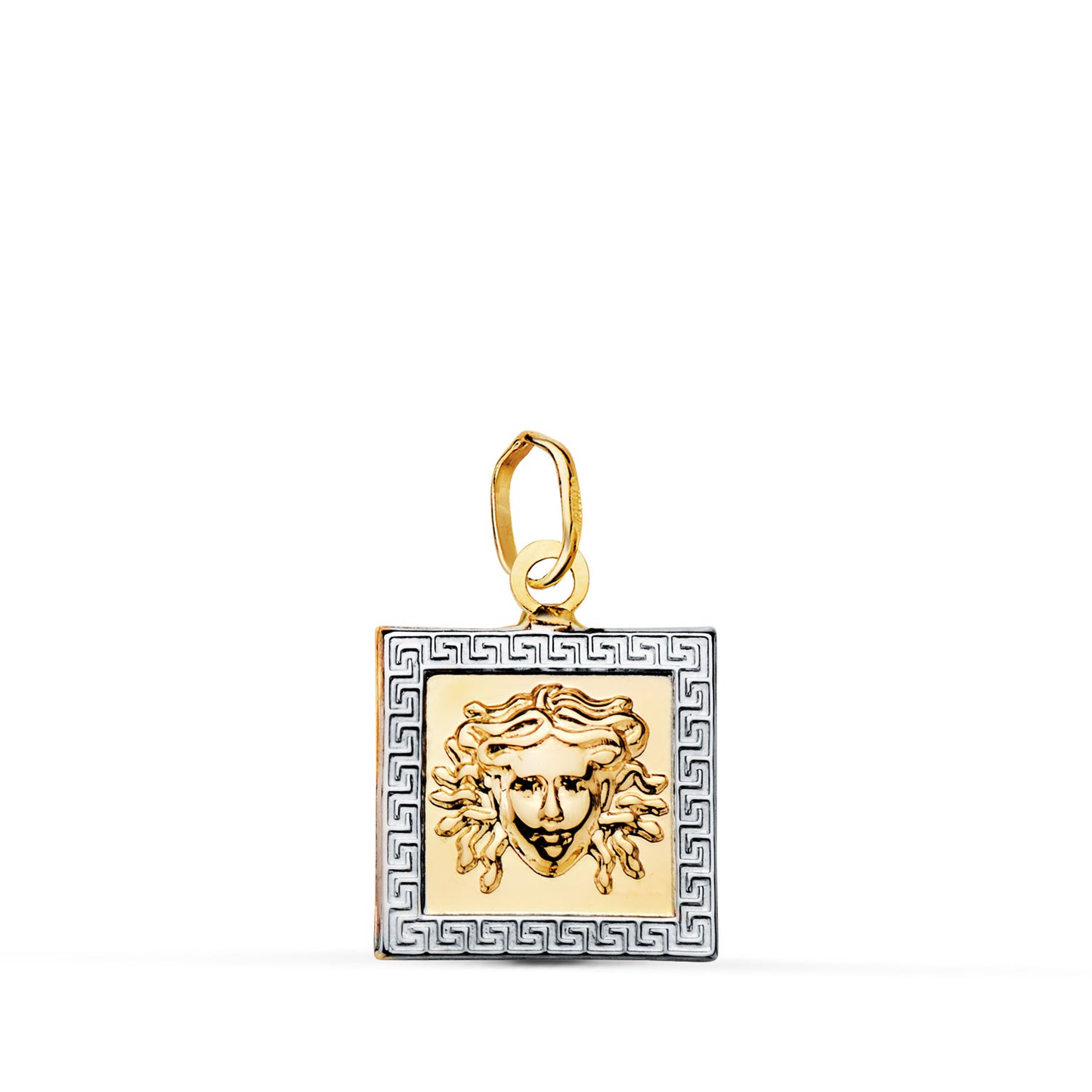 18K COLGANTE ORO AMARILLO MEDUSA CUADRADO BORDE CON GRECA. MEDIDA: 12X12 MM
